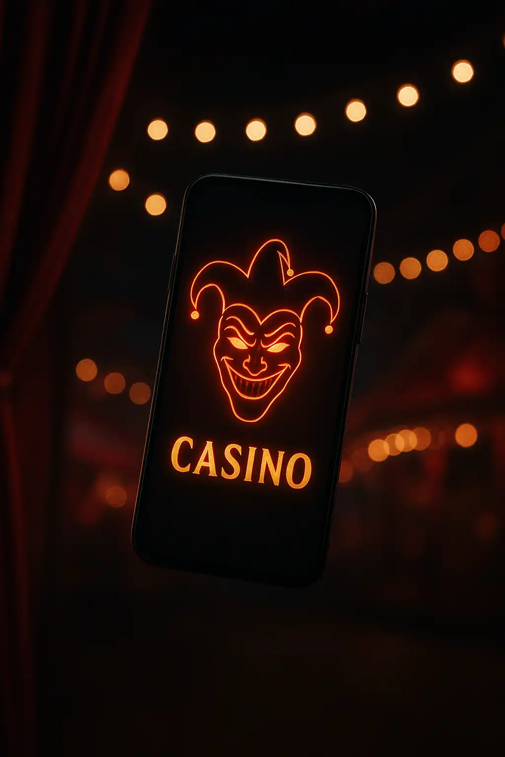 Smartphone displaying joker mask casino app interface under carnival lights