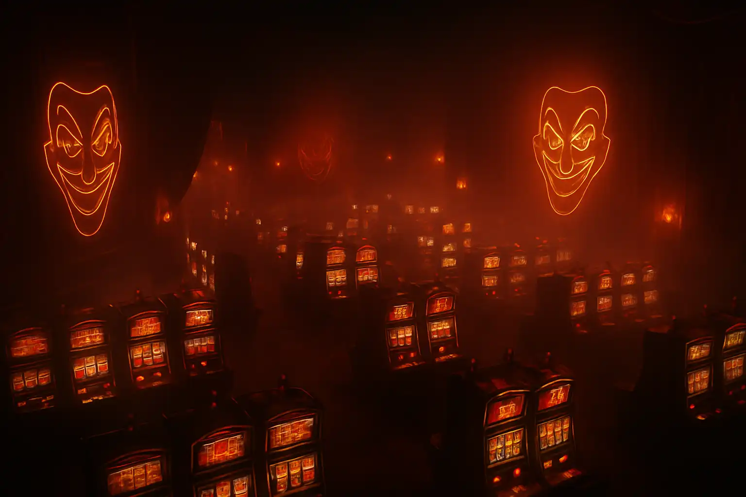 Sinister joker mask overlooking a dark carnival casino floor with glowing slot machines