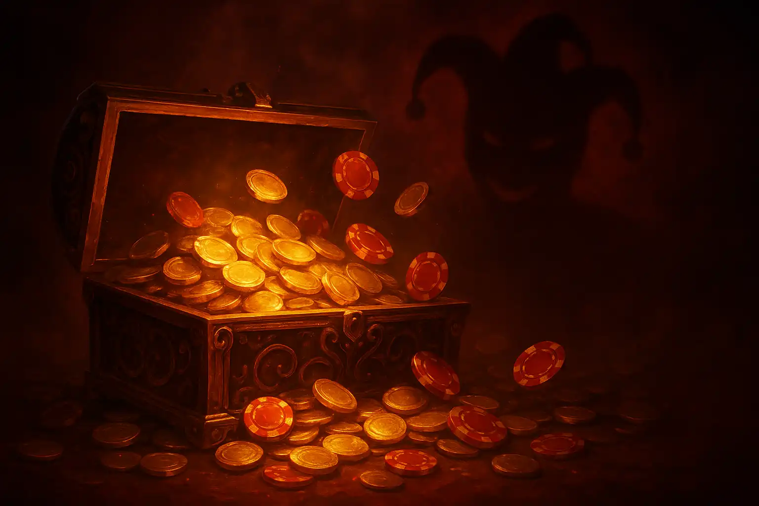 Glowing coins and cards symbolizing a casino deposit