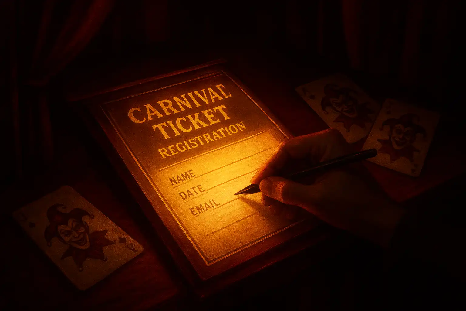 Player filling in the registration form under carnival lights