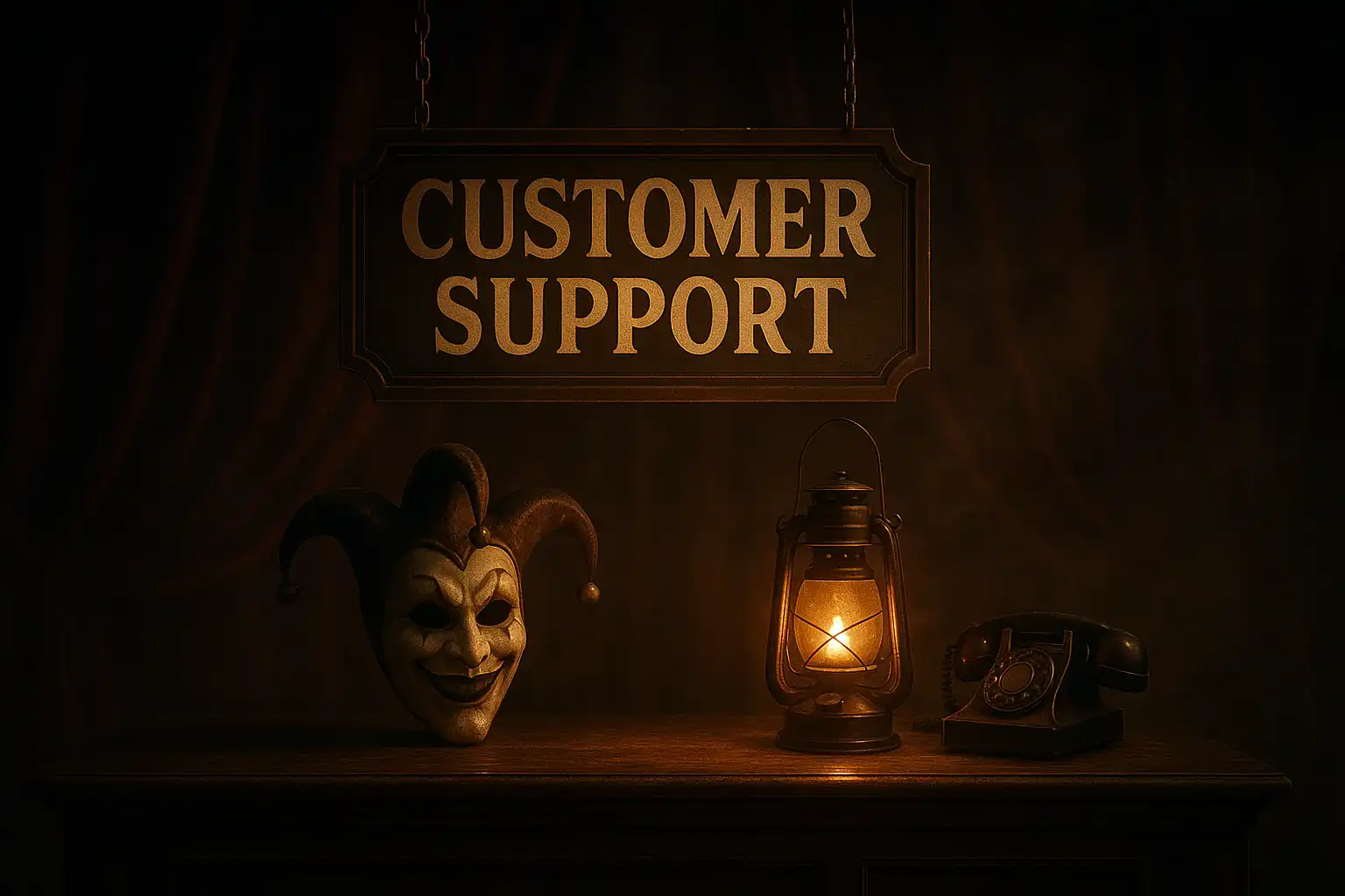 Support agent at a carnival-themed help desk with joker mask decoration